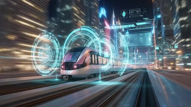 Modern City Train: High-speed passenger train travels along the tracks in a bustling cityscape, its sleek design complemented by the digital overlay.