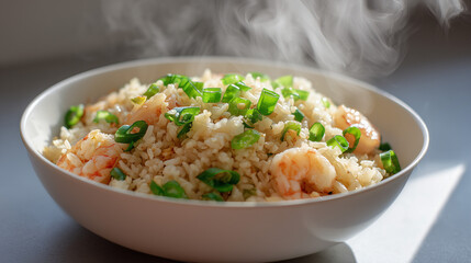 自然光が差し込む明るい場所で湯気を立てる大きな海老がたっぷり入った具だくさんのエビチャーハン