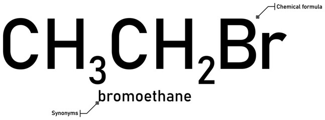 Bromoethane chemical formula with callout titles