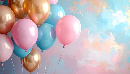 Vibrant balloons float against a pastel abstract background, perfect for festive occasions and creative designs.