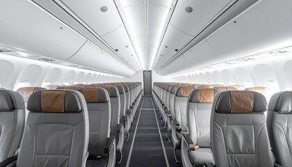 Wide-angle view of a modern airplane cabin showcasing rows of empty seats, highlighting comfort and spaciousness.