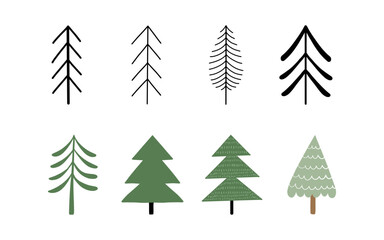 Minimalist pine tree vector set, hand drawn evergreen conifer collection on white. Vector illustration