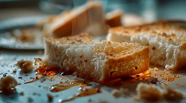 Cinematic macro shot of fluffy white bread being placed in glistening, spilled golden honey amid crumbs on a textured surface