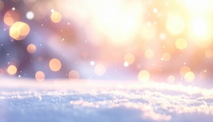 ** Soft focus bokeh lights create a dreamy winter scene with snow under a warm sunset glow, evoking a magical atmosphere. **
