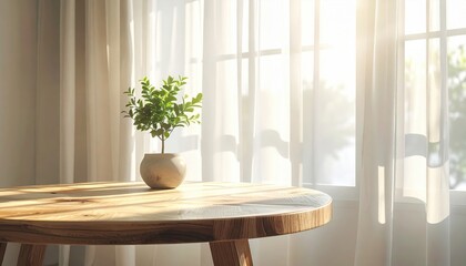 A serene minimalist interior featuring a wooden table and potted plant, bathed in sunlight through sheer curtains.