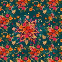 Luxurious flower bouquets, paisley, and swirls on a complex emerald background. Seamless festive fabric pattern