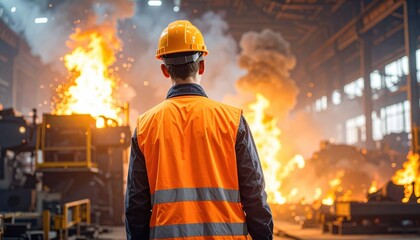 Worker in safety gear watches molten metal in a dynamic steel factory, showcasing industrial strength and safety.
