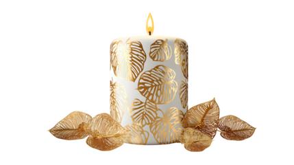 Isolated red burning candle with gold ribbon and flame decoration for Christmas holiday celebration on white background