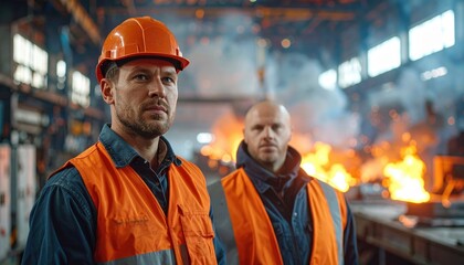 Two workers in safety gear stand in a bustling steel factory, surrounded by bright flames and machinery.