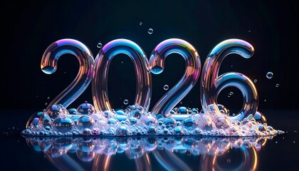 Shiny, refractive 2026 numerals in bubbles, dark backdrop