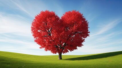 Heart Shaped Red Tree in Green Field.