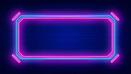 Neon Frame Brick Wall: Abstract neon lights border frame with arrows on blue brick wall, light, color, neon, glow, blue, pink, abstract, design, background, pattern, digital, technology, modern, art

