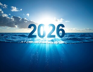 Numbers 2026 emerge from sea under radiant sun and cloudy sky