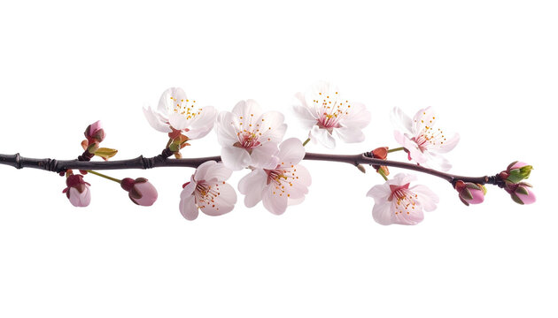 A close-up macro shot of a branch of blooming white cherry blossoms, with delicate petals and buds against a white background