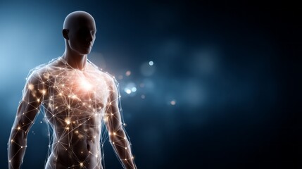 A digital human figure stands illuminated against a dark background, with a vibrant network of glowing lines and nodes flowing throughout its body, symbolizing connectivity and life