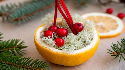 Creating a natural decoration using an orange, greenery, and red berries during the holiday season