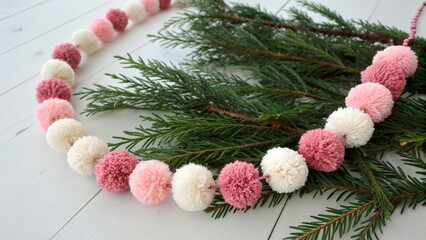 Pom pom garland on green pine branches during a crafting session in a home setting