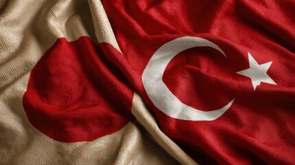Flags of Turkey and Japan intertwined symbolizing friendship and cultural exchange