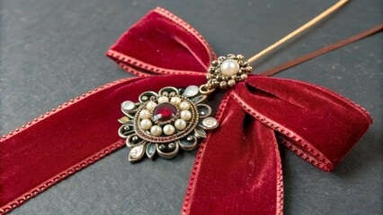Intricate pendant with red ribbon on dark surface during the day