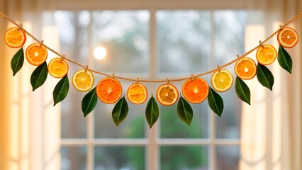 Decorative citrus slices hang from twine in a bright room near a window with soft light