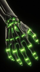 Human Hand Bones with glowing: A close-up, artistic depiction of a human hand, meticulously rendered to highlight the intricate network of bones, with an otherworldly glow emphasizing the joints.