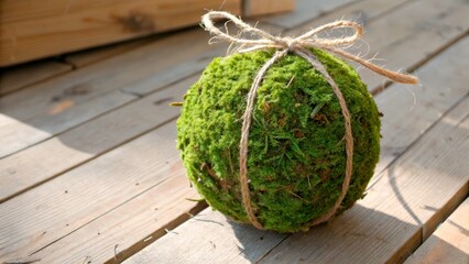 Crafting a moss ball on wooden surface for decoration in bright light