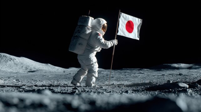 Astronaut stands on the moon holding Japan's flag in a historic space exploration moment