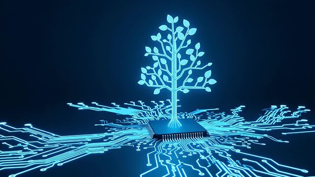 Digital Tree Growing from a Microchip Concept of Sustainable Technology and Green Computing.