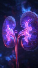 Glowing Human Kidney: Illuminated with vibrant light, human kidney presents a detailed view, a fusion of biology and artistry, showcasing the intricate structure of the vital organ.