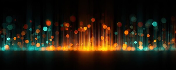 Abstract glowing orange and teal light particles and rising lines on a dark background