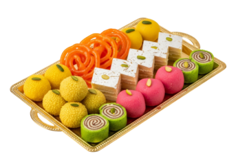 colorful indian sweets platter on golden tray for eid