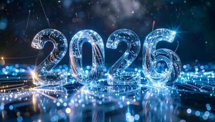 Futuristic "2026" neon text glows on circuit board with light effects