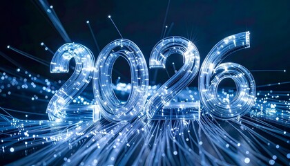 Illuminated "2026" text, glowing with light trails on dark background