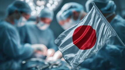 Surgeons performing a complex operation in a Japanese hospital while the national flag is displayed