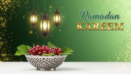 Ramadan Kareem greeting with a bowl of grapes and lanterns islamic holiday festive green