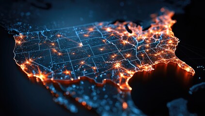 Digital map of USA with glowing network connections, signifying data flow or energy