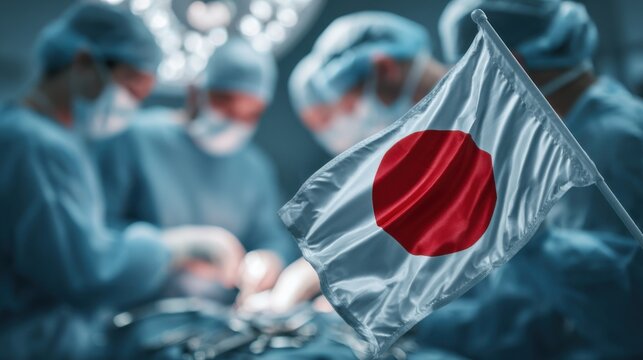 Surgeons performing a complex operation in a Japanese hospital while the national flag is displayed - Powered by Adobe