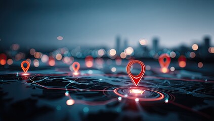 Abstract digital map with glowing red pins over a blurred city skyline at dusk