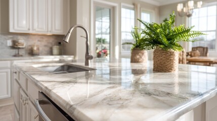 Fototapeta premium Marble countertop captures the light in a contemporary kitchen, showcasing elegant patterns and textures. Fresh plants add a touch of life to the stylish space, inviting warmth and comfort