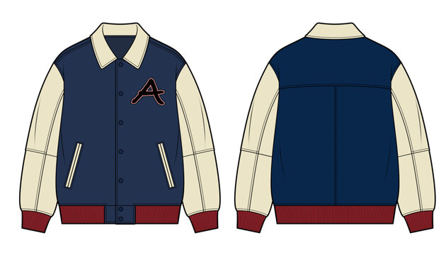 Retro Varsity Jacket Technical Fashion Illustration. Classic Letterman Jacket with Contrast Sleeves, Ribbed Collar Cuffs and Hem, Snap Button Front. Front and Back Views. Unisex CAD Mockup set.