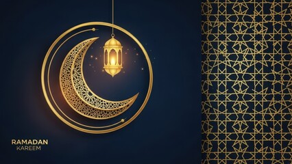 Ramadan Kareem Greeting with Gold Crescent Moon Lantern islamic arabic eid festival religion muslim