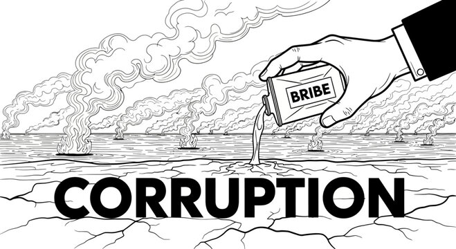 Hand holding bribe amidst corruption illustration.