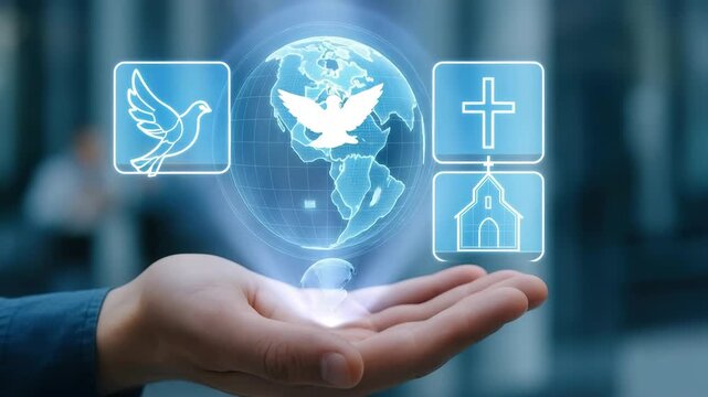 Hand holding a futuristic hologram with religious symbols. Christian cross, church, and dove of peace icons projected over a globe. Global faith and technology concept