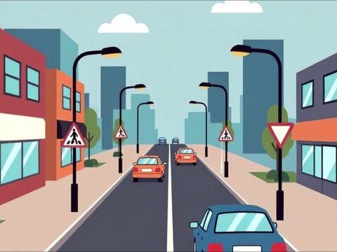 City Street Scene with Cars, Buildings, and Traffic Signs in Flat Design