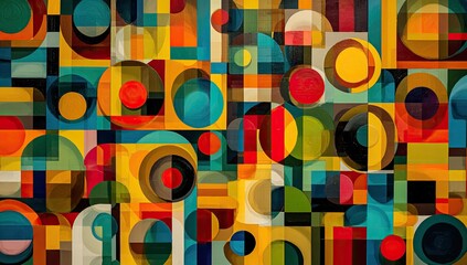 Vibrant abstract pattern of colorful geometric shapes, including circles and squares