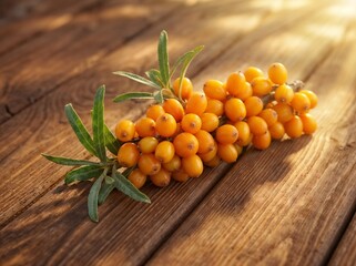 Sea buckthorn berries with leaves on wooden surface illuminated by warm sunlight