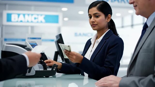 Bank Teller Processing Customer Transaction at Counter in Modern Bank Branch