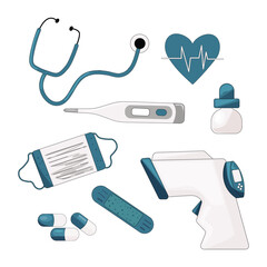 flat medical equipment set with stethoscope, mask, pills and thermometer