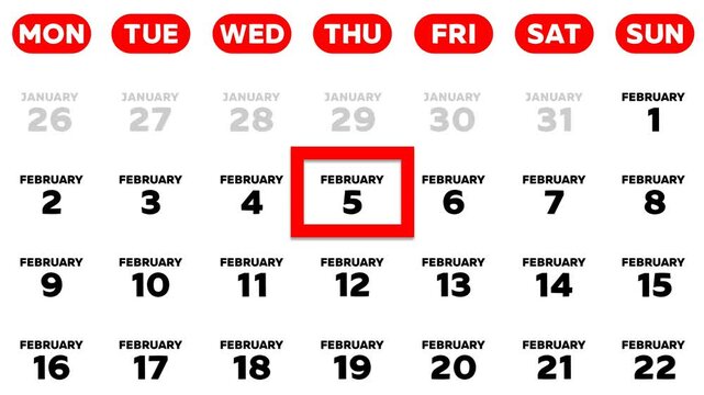The date February 5th marked with a red cursor on the wall calendar 2026