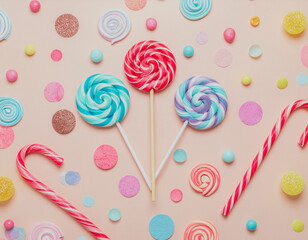 A vibrant flat lay of colorful spiral lollipops, candy canes, gum balls, meringues, and sugar gummies scattered with confetti on a pastel pink background.